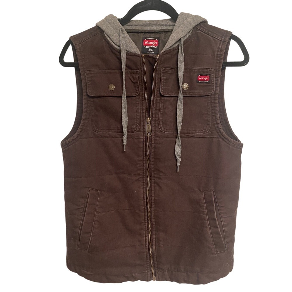 Wrangler Workwear Mens Brown Canvas Hooded Puffer Vest Small